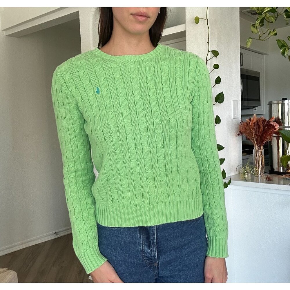 Vintage Ralph Lauren Sweater Womens Size M Green Cable Knit 100% Cotton Pullover